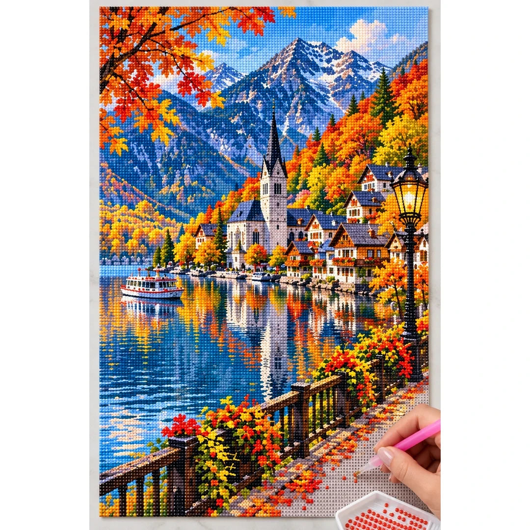 Hallstatt Austria Autumn Lake diamond painting process