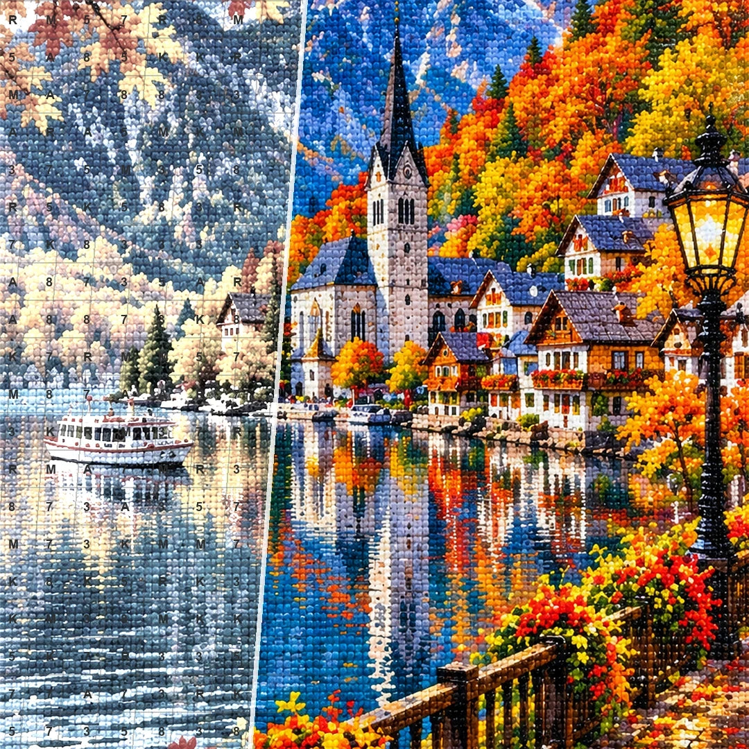 Hallstatt Austria Autumn Lake canvas and resin drill detail