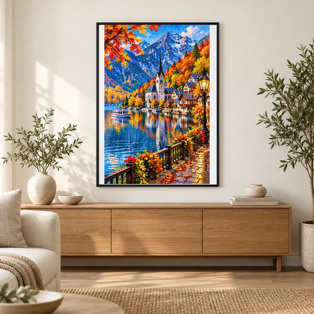 Hallstatt Austria Autumn Lake finished artwork in home décor