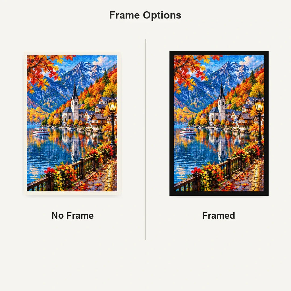 Hallstatt Austria Autumn Lake No Frame and Framed comparison