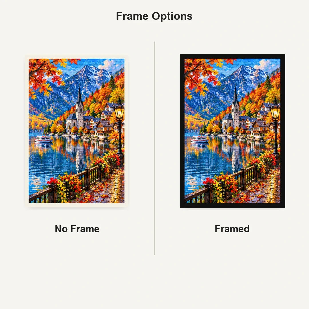 Hallstatt Austria Autumn Lake No Frame and Framed comparison