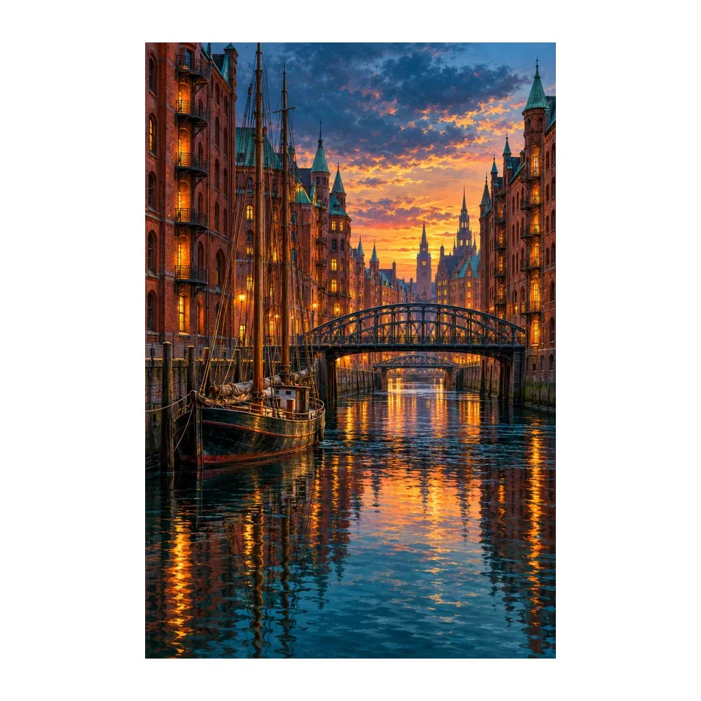 Original Hamburg Historic Harbor artwork on a white background.