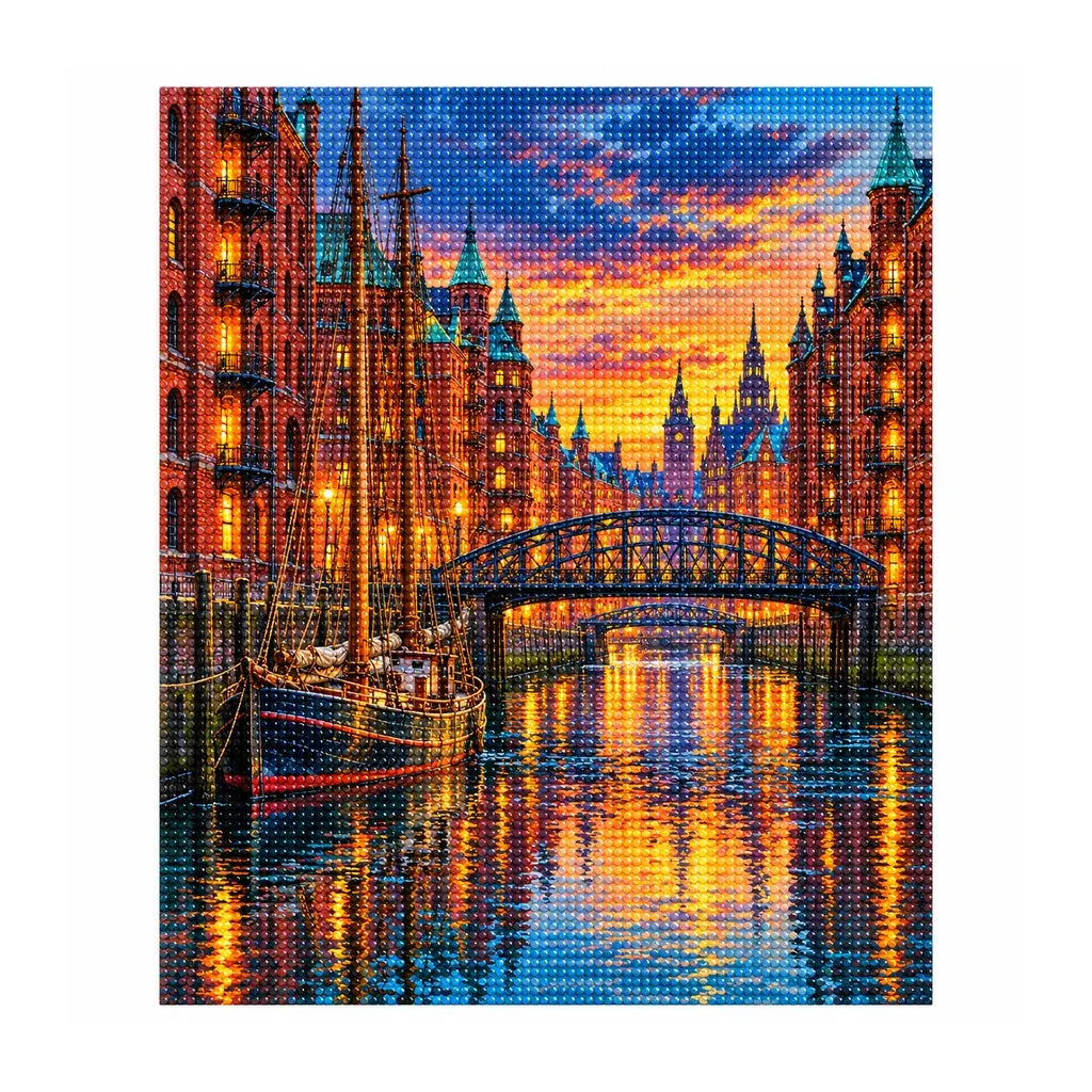 White-background finished diamond painting of Hamburg Historic Harbor.