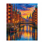 White-background finished diamond painting of Hamburg Historic Harbor.