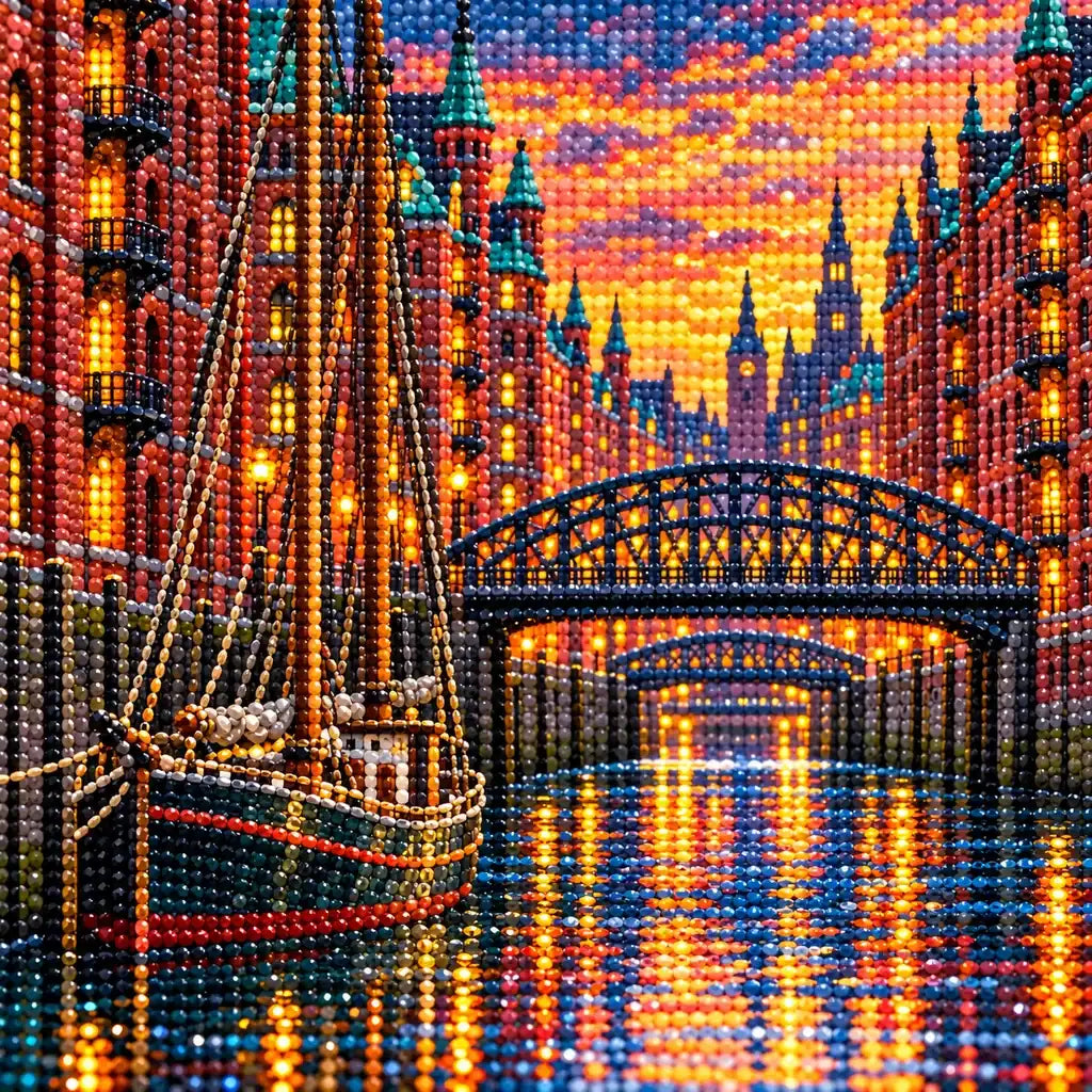 Close-up of drill details in the Hamburg Historic Harbor diamond painting.