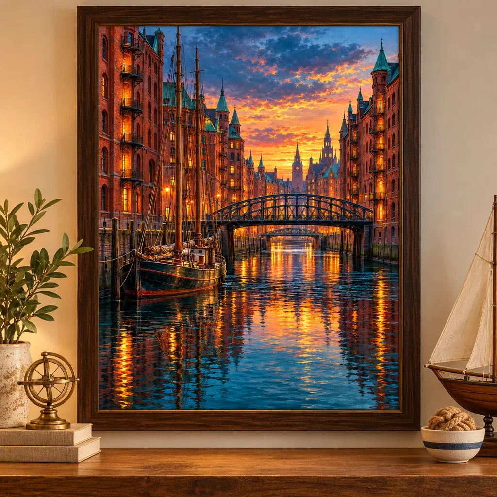 Framed Hamburg Historic Harbor diamond painting displayed as home decor.