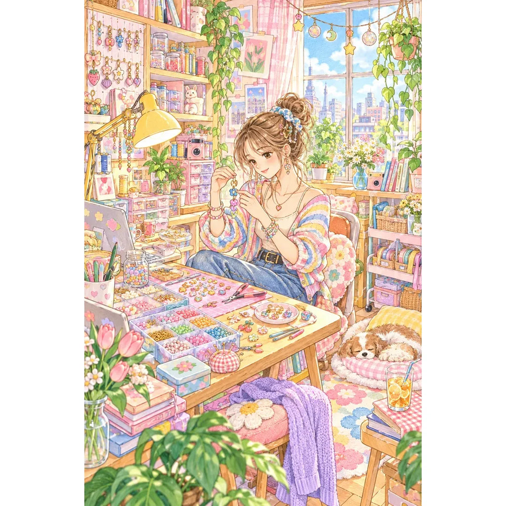 White-background original artwork of a woman designing colorful handmade jewelry at a craft worktable for a diamond painting kit