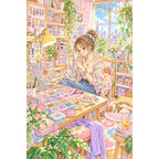 White-background original artwork of a woman designing colorful handmade jewelry at a craft worktable for a diamond painting kit