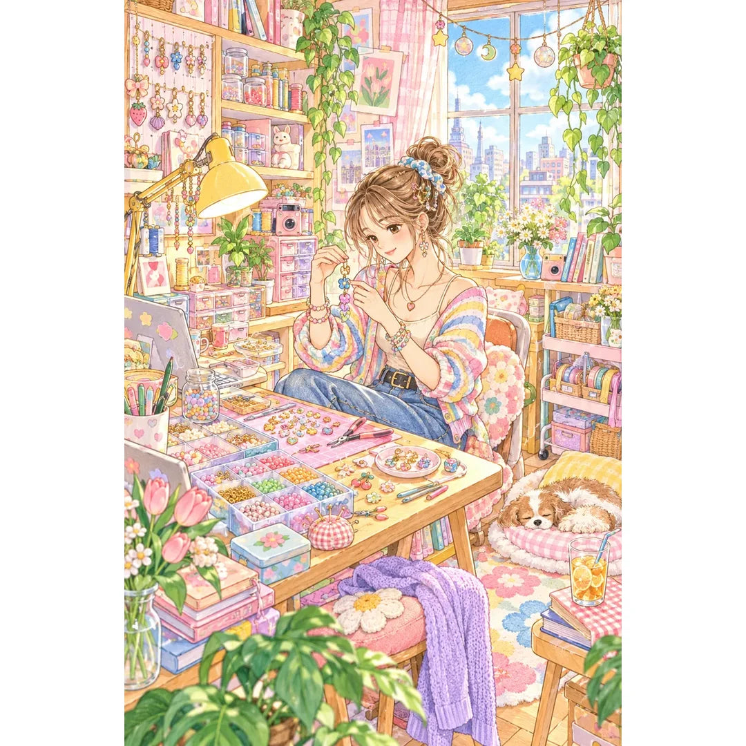 White-background original artwork of a woman designing colorful handmade jewelry at a craft worktable for a diamond painting kit