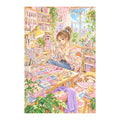 White-background original artwork of a woman designing colorful handmade jewelry at a craft worktable for a diamond painting kit