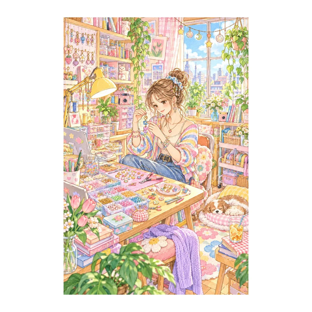 White-background original artwork of a woman designing colorful handmade jewelry at a craft worktable for a diamond painting kit