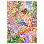 White-background finished diamond painting of a woman designing colorful handmade jewelry at a craft worktable with sparkling drills