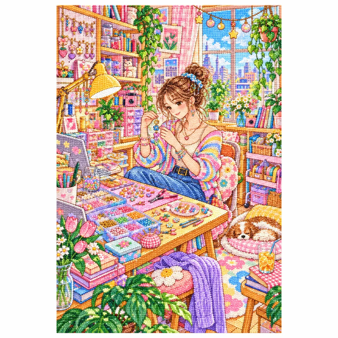 White-background finished diamond painting of a woman designing colorful handmade jewelry at a craft worktable with sparkling drills