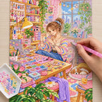 Diamond painting process showing a woman designing colorful handmade jewelry at a craft worktable being completed with a stylus