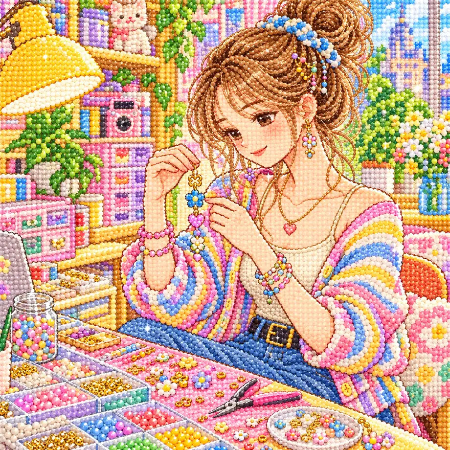 Close-up diamond drill detail of a woman designing colorful handmade jewelry at a craft worktable artwork