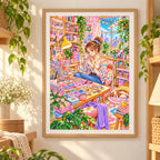 Framed a woman designing colorful handmade jewelry at a craft worktable diamond painting displayed as home decor