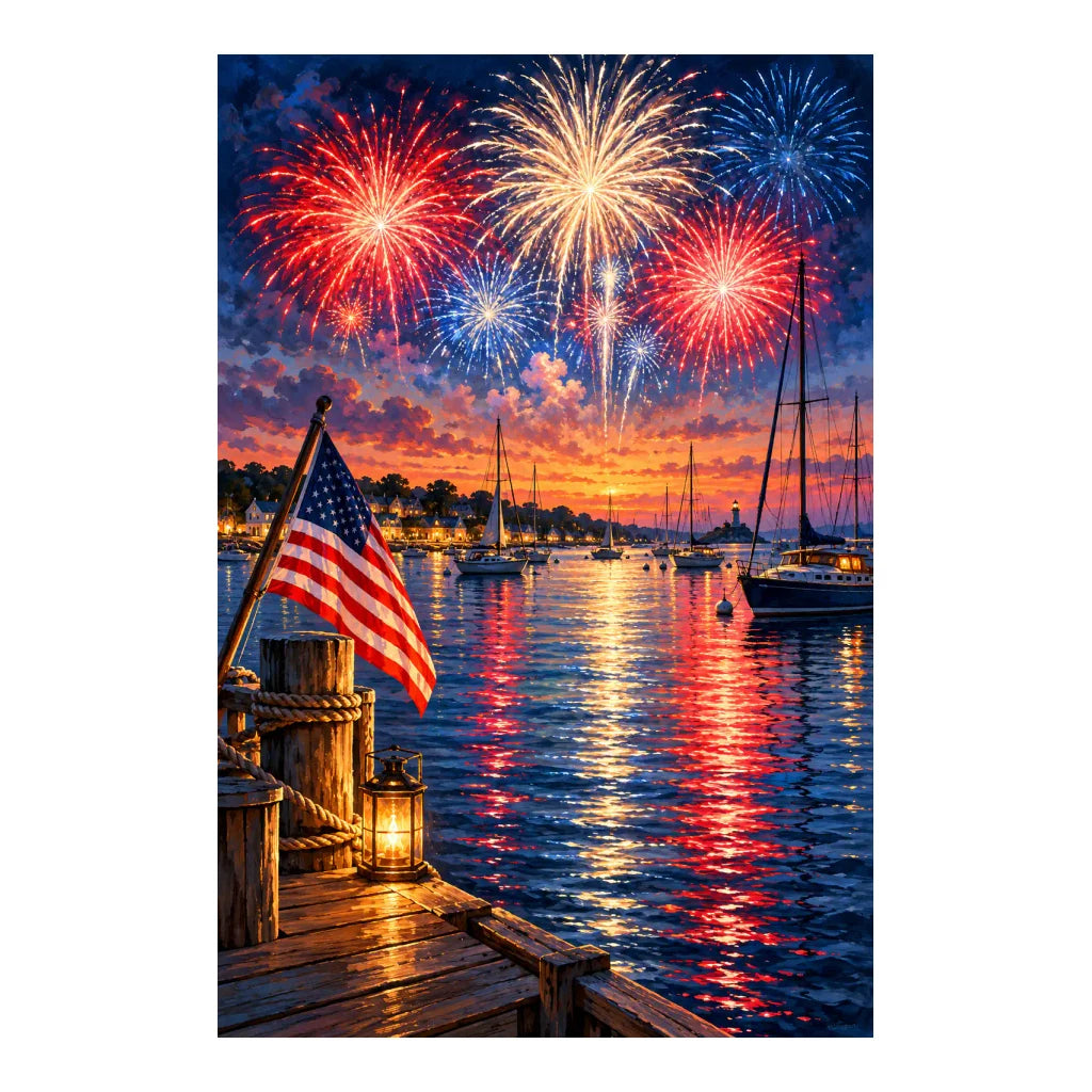 Original white-background artwork of a flag-lined harbor with sailboats and fireworks over sunset water