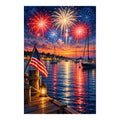 Original white-background artwork of a flag-lined harbor with sailboats and fireworks over sunset water