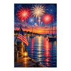Original white-background artwork of a flag-lined harbor with sailboats and fireworks over sunset water