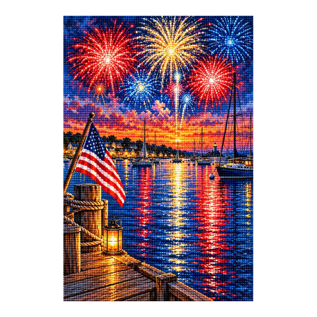 White-background diamond-painted canvas showing a flag-lined harbor with sailboats and fireworks over sunset water