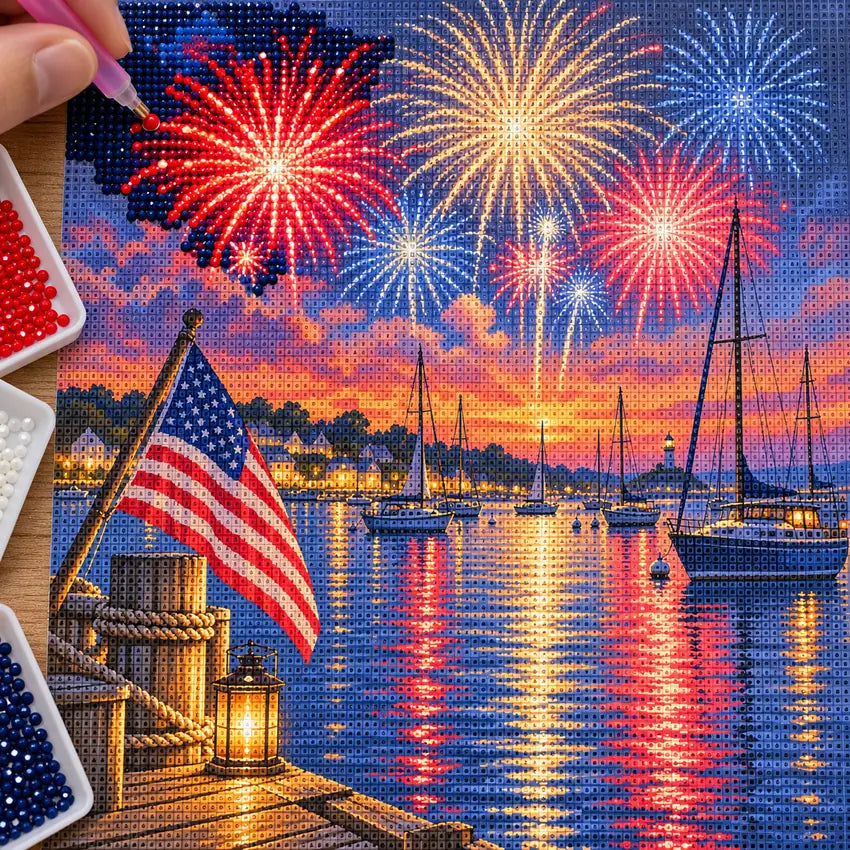 Hands placing diamond drills on the harbor fireworks flag canvas