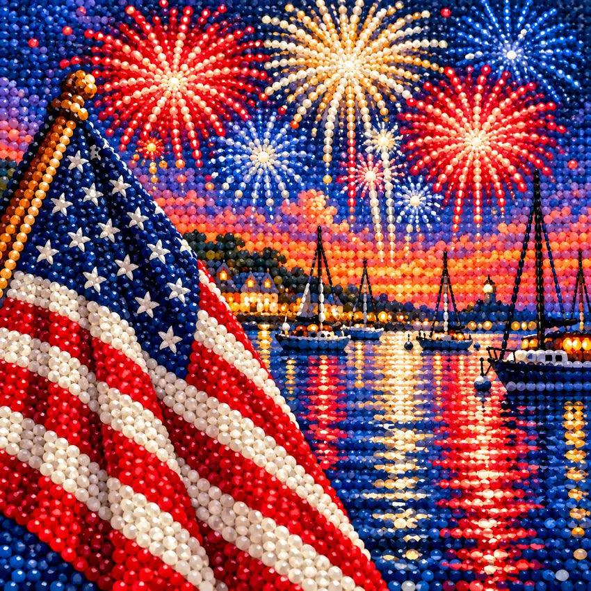Close-up of faceted drills forming a flag-lined harbor with sailboats and fireworks over sunset water