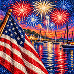 Close-up of faceted drills forming a flag-lined harbor with sailboats and fireworks over sunset water
