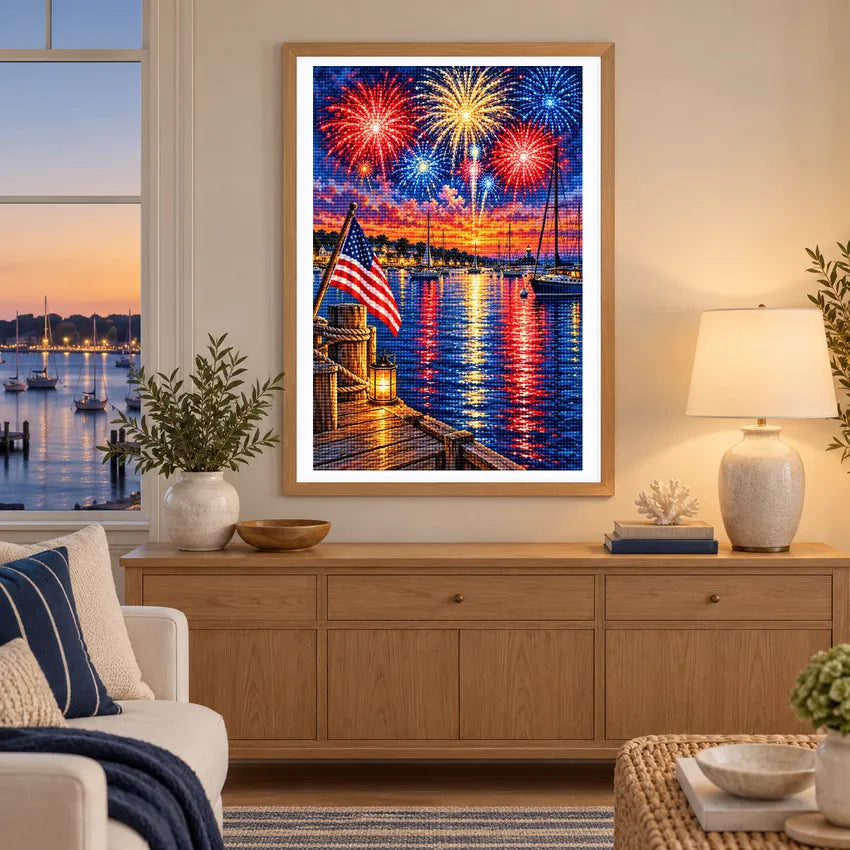 Framed diamond painting of a flag-lined harbor with sailboats and fireworks over sunset water displayed in a home interior
