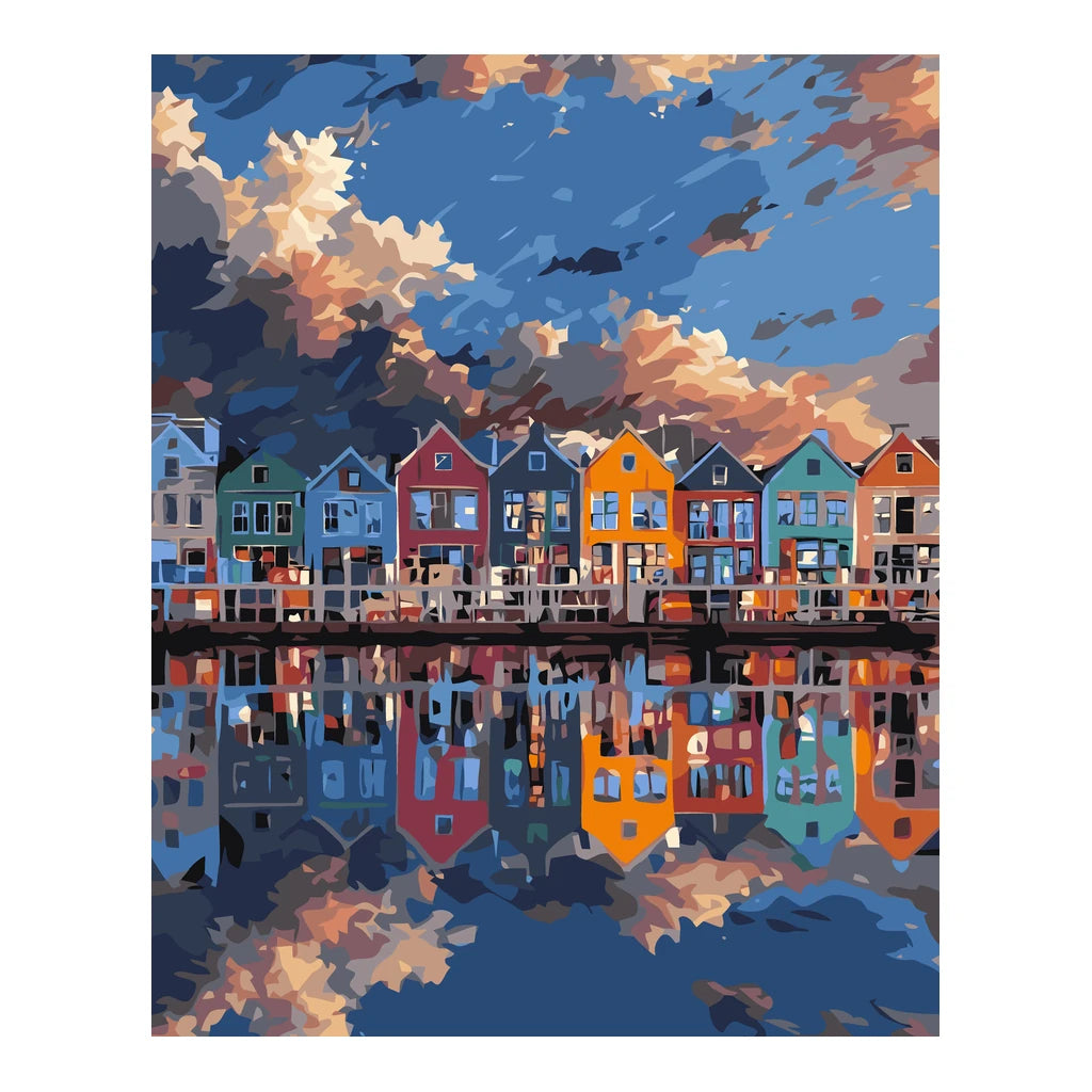 Original artwork for Harbor Reflections at Dusk Diamond Painting Kit, showing a colorful harbor houses reflected on calm water at dusk.