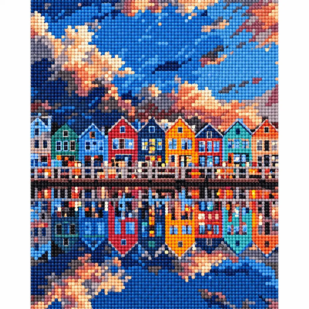 Finished diamond painting for Harbor Reflections at Dusk Diamond Painting Kit, showing a colorful harbor houses reflected on calm water at dusk.