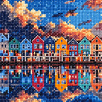 Close-up detail of drill texture across a colorful harbor houses reflected on calm water at dusk.