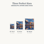 Size guide for Harbor Reflections at Dusk Diamond Painting Kit: 20 × 30 cm, 30 × 40 cm and 40 × 50 cm.