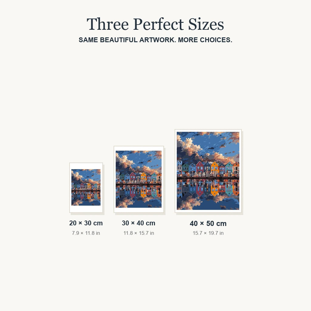 Size guide for Harbor Reflections at Dusk Diamond Painting Kit: 20 × 30 cm, 30 × 40 cm and 40 × 50 cm.