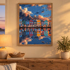 Home decor scene showing the Harbor Reflections at Dusk Diamond Painting Kit artwork displayed in a room.