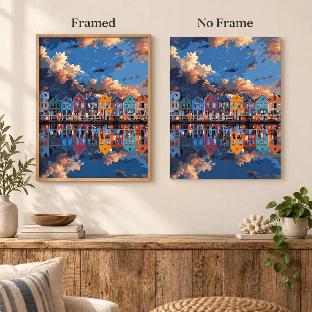 Framed and no-frame comparison for Harbor Reflections at Dusk Diamond Painting Kit, showing the same colorful harbor houses reflected on calm water at dusk.