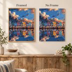 Framed and no-frame comparison for Harbor Reflections at Dusk Diamond Painting Kit, showing the same colorful harbor houses reflected on calm water at dusk.