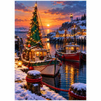 Original illustration of a decorated Christmas tree on a sailboat in a snowy harbor at sunset, with boats and a lighthouse, on a white background