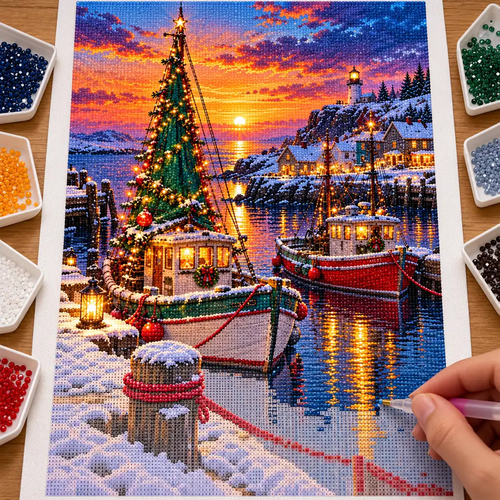 Finished diamond painting of a lit Christmas tree aboard a sailboat among snow-covered boats at sunset