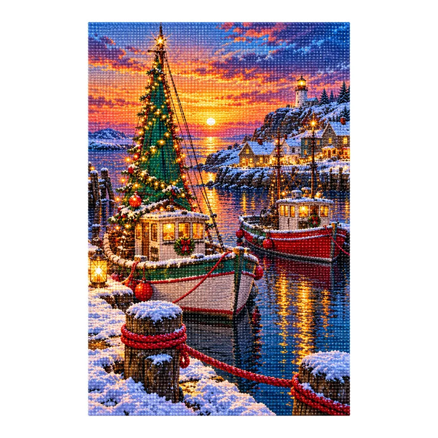 White-background finished diamond painting of Christmas Harbor Sailboat.