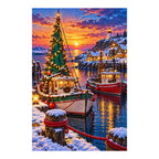 White-background finished diamond painting of Christmas Harbor Sailboat.