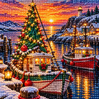 Hand placing diamond drills on the Christmas harbor sailboat canvas