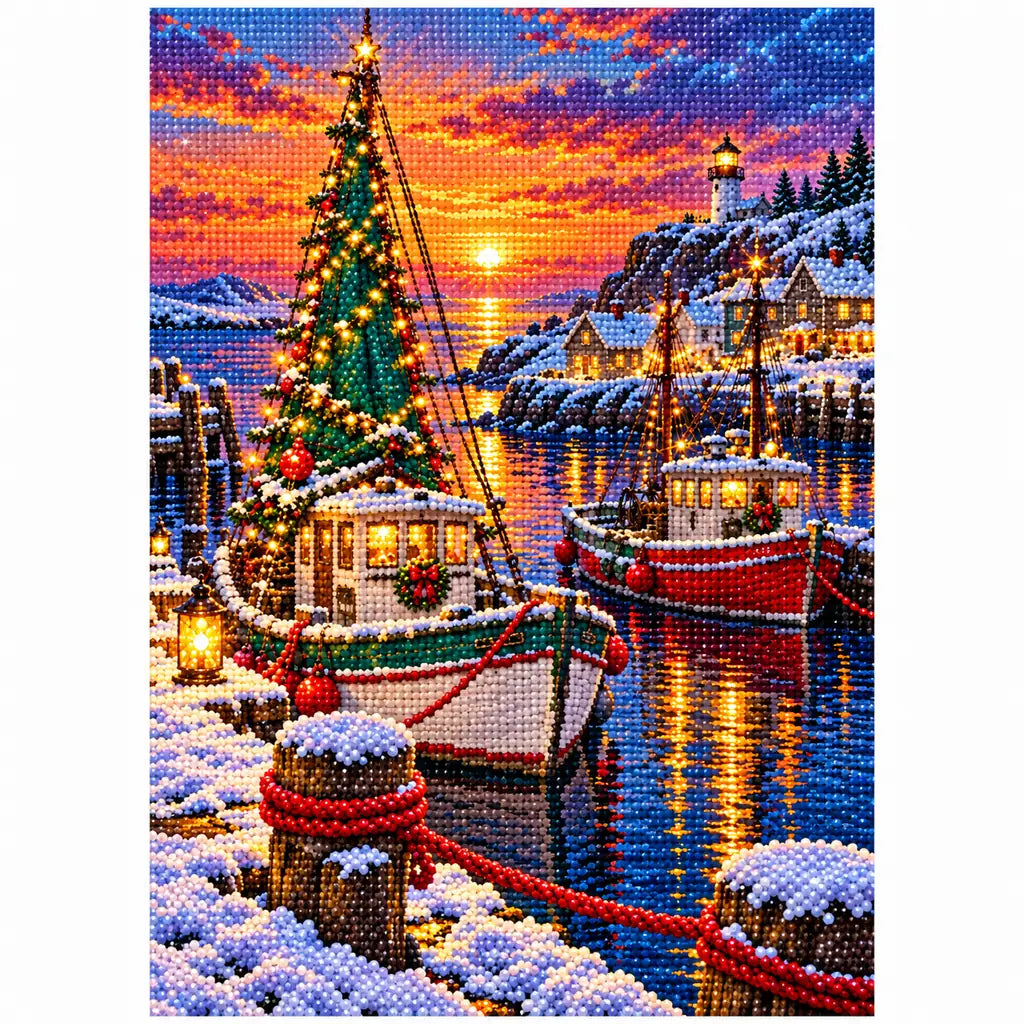 Close-up of diamond drills forming the glowing Christmas tree and snowy harbor boats