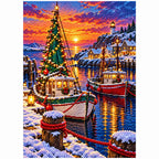 Close-up of diamond drills forming the glowing Christmas tree and snowy harbor boats
