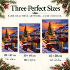 Portrait size guide for the Christmas harbor sailboat design: 20 × 30, 30 × 40, and 40 × 50 cm