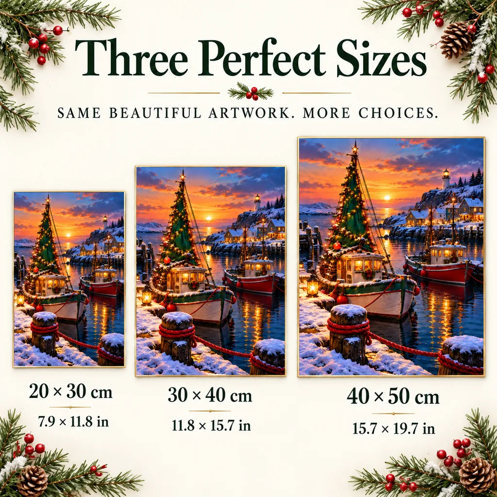 Portrait size guide for the Christmas harbor sailboat design: 20 × 30, 30 × 40, and 40 × 50 cm