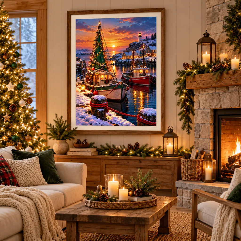 Framed Christmas harbor sailboat diamond painting displayed above a fireplace in a decorated winter living room