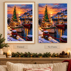 Framed and no-frame comparison for the Christmas harbor sailboat diamond painting