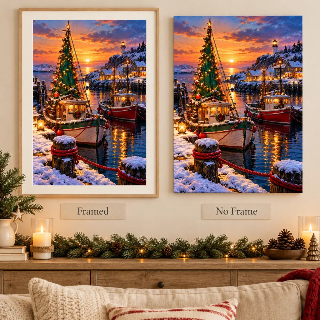 Framed and no-frame comparison for the Christmas harbor sailboat diamond painting