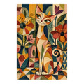 White-background original artwork of a golden cat among colorful geometric flowers and leafy garden patterns for a diamond painting kit