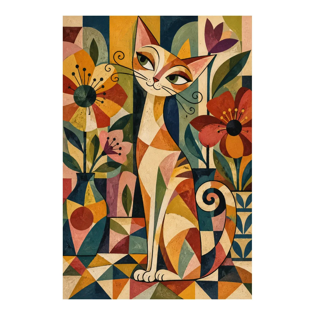 White-background original artwork of a golden cat among colorful geometric flowers and leafy garden patterns for a diamond painting kit